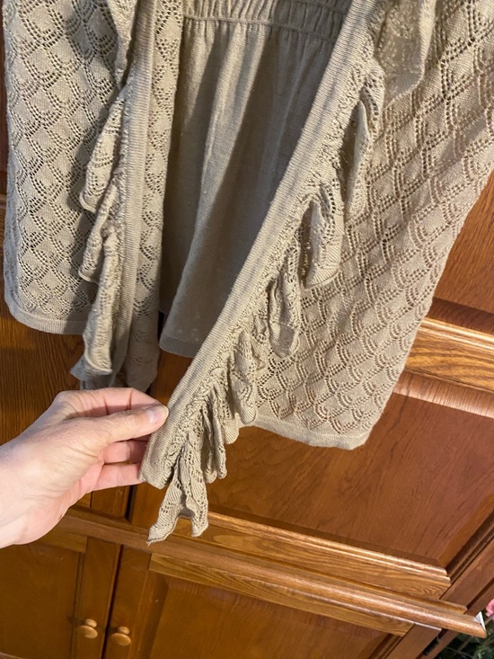 Covington Taupe Ruffle-Front Open Cardigan - Picture 3 of 7